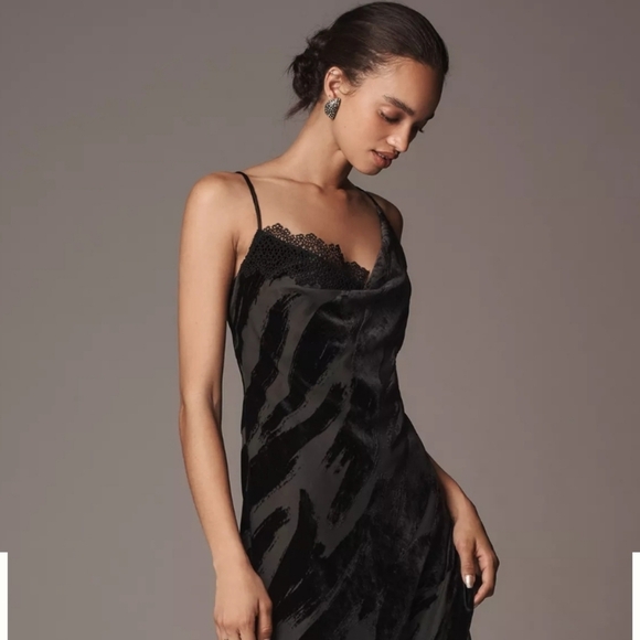 NWT Anthropologie Black Cowl Neck Velvet Lacexslip Dress Size XS - Picture 1 of 9